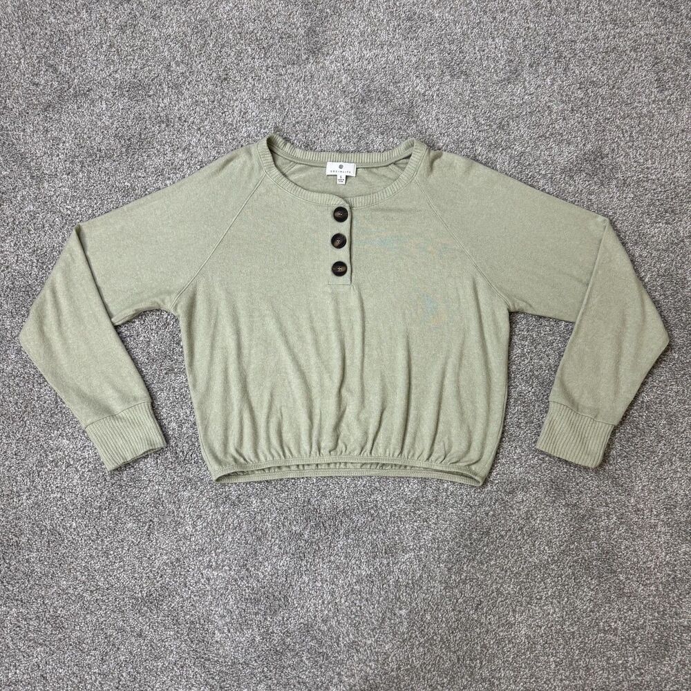 Socialite Sweater Womens Small Green Henley Crew Neck Raglan Pullover Elastic
